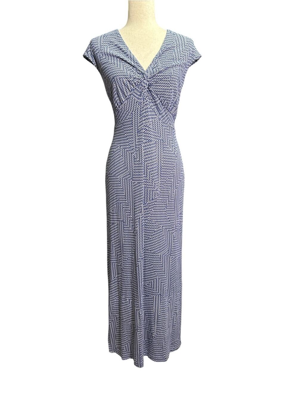 Chico’s Blue White Geometric Twist Front Coastal Maxi Dress Size Medium 0881